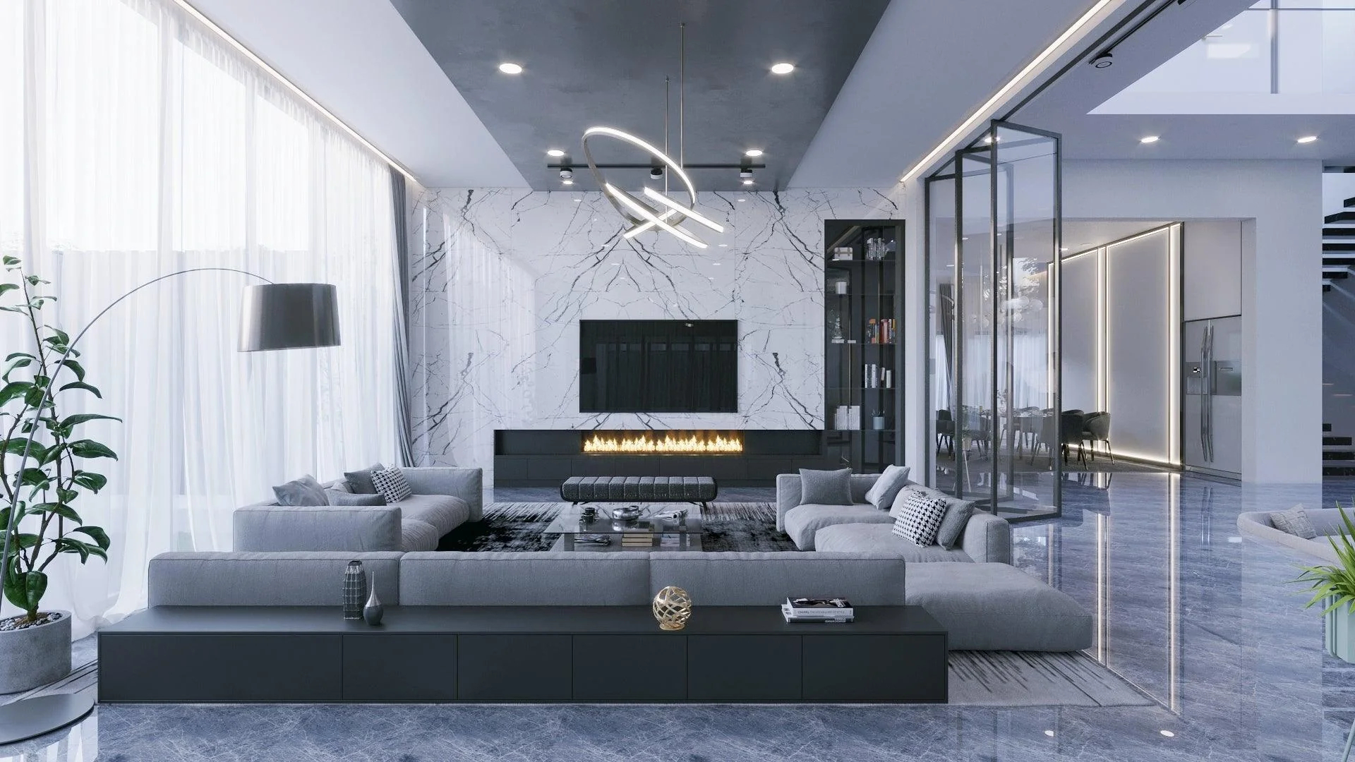 Luxury Living Room with Automated Shades and Ambient Lighting